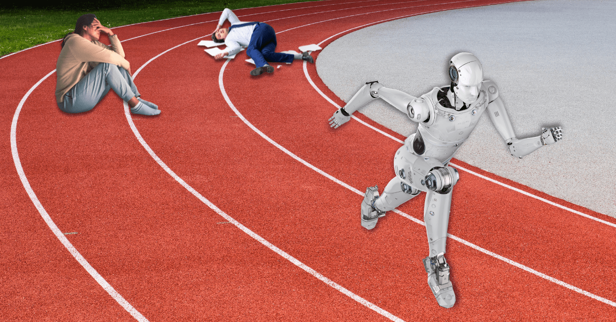 A robot runs ahead of two humans on a running track.