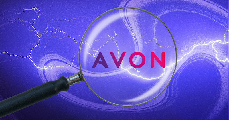 A magnifying glass hovers over the Avon logo against a purple background.