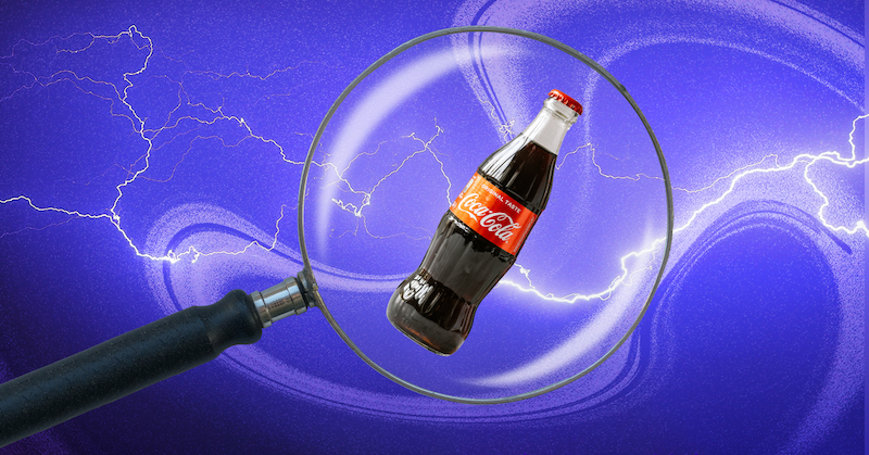 A magnifying glass hovers over a bottle of Coca-Cola against a purple background.