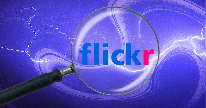 A magnifying glass hovers over the Flickr logo against a purple background.