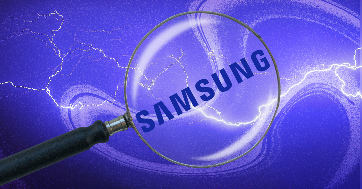 A magnifying glass hovers over the Samsung logo against a purple background.