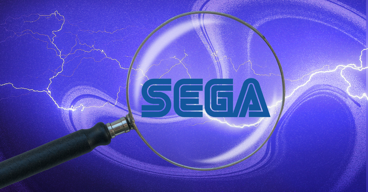 A magnifying glass hovers over the Sega logo against a purple background.