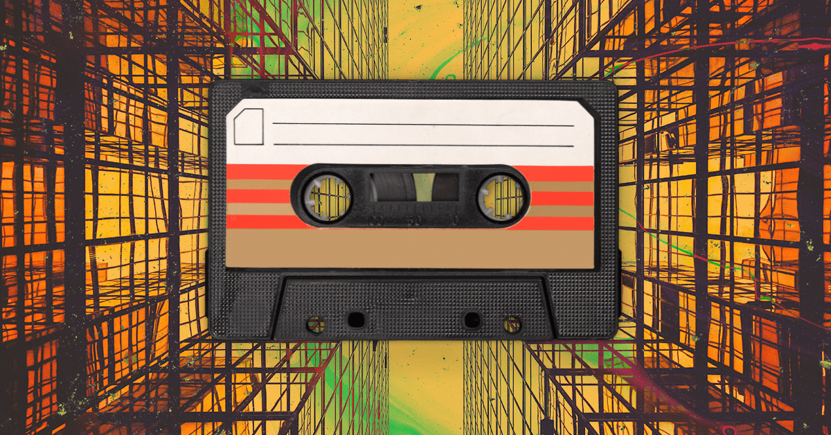 A cassette tape on a geometric yellow background.