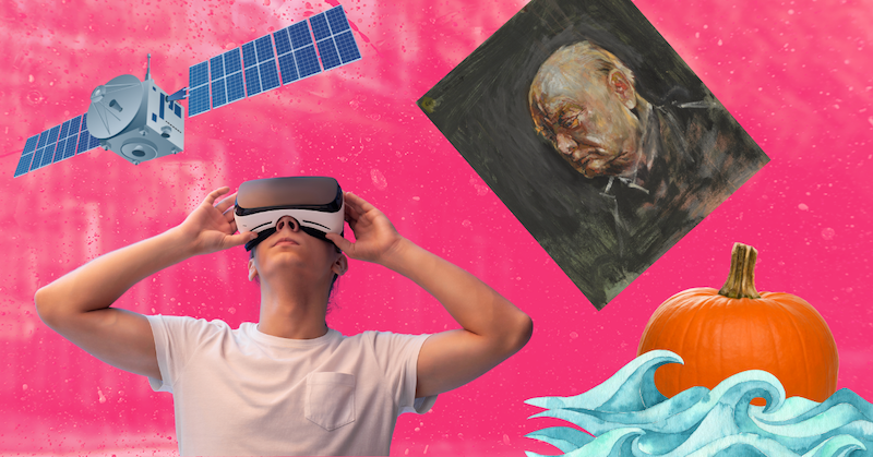 A painting of Winston Churchill, a pumpkin floating on water, a man wearing a VR headset, and a satellite against a pink background.