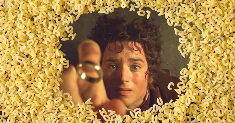 Frodo from Lord of the Rings surrounded by SpaghettiOs pasta.