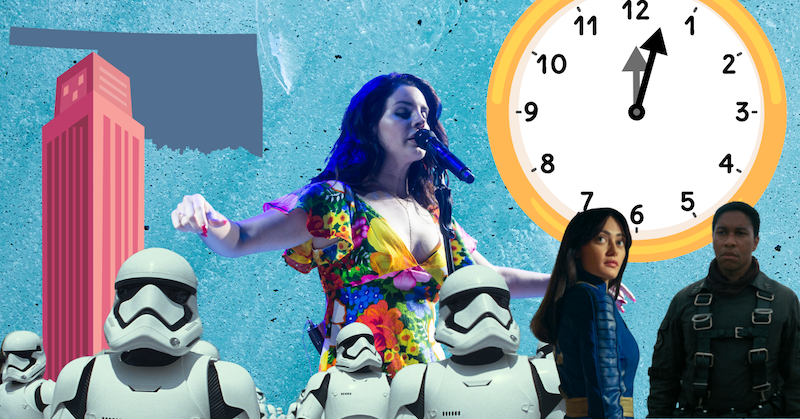 Against a blue background, Stormtroopers from Star Wars, Lana Del Rey, a skyscraper in front of an outline of Oklahoma, Ella Purnell and Aaron Clifton Moten in Fallout, and a clock.