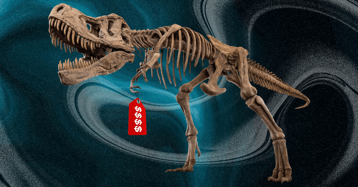 A T. rex skeleton with a red price tag with money signs on it dangling from the claw.