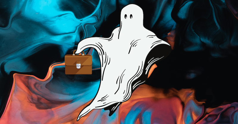 A ghost holding a briefcase against a blue and peach background.