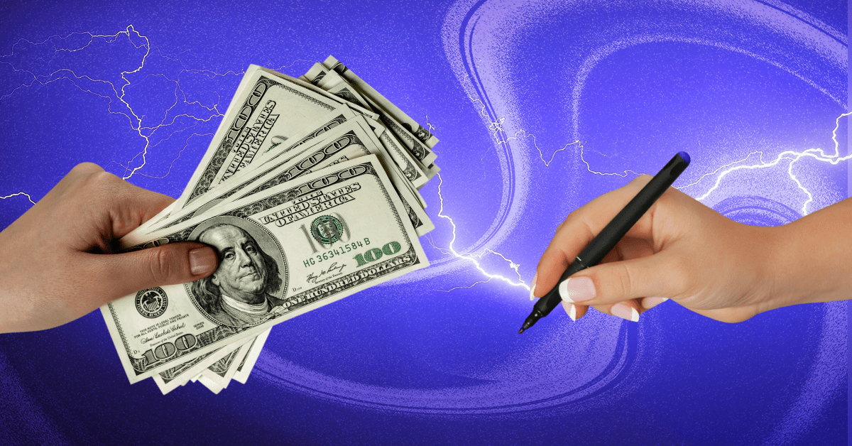 One hand holding a stack of money enters from the left of the frame and one hand holding a pen enters from the right of the frame, with both against a purple background filled with lightning.