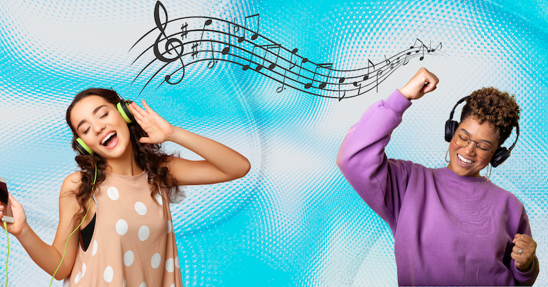 Two women listen to music via headphones, a line of musical notes connecting them.