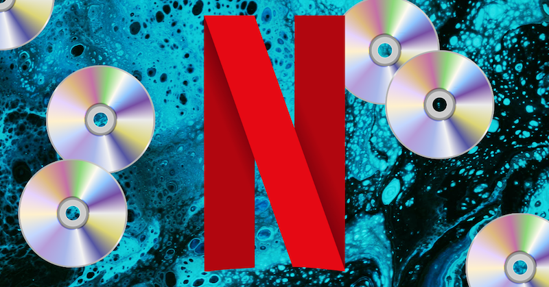 The red Netflix ‘N’ surrounded by DVDs on a blue background.