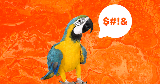 A colorful parrot next to a speech bubble indicating a curse word against an orange background.