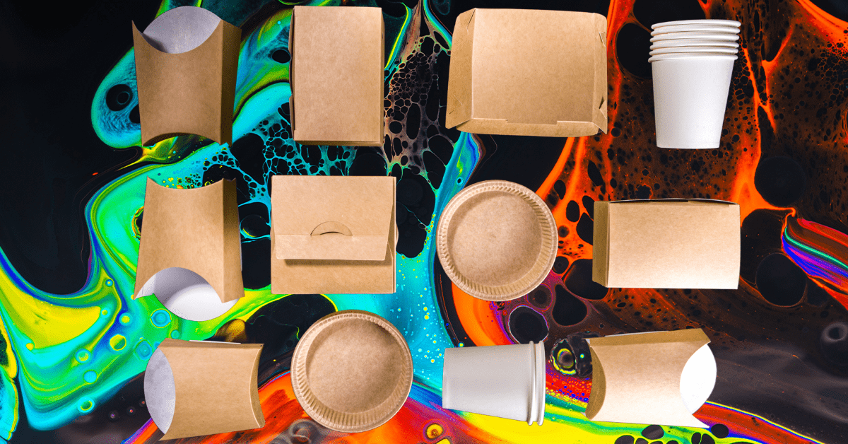 A variety of cardboard food-packaging products on a multicolored background.