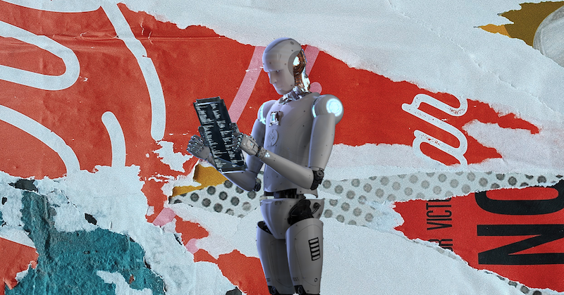 A robot reads a document against a background of various magazine fragments.