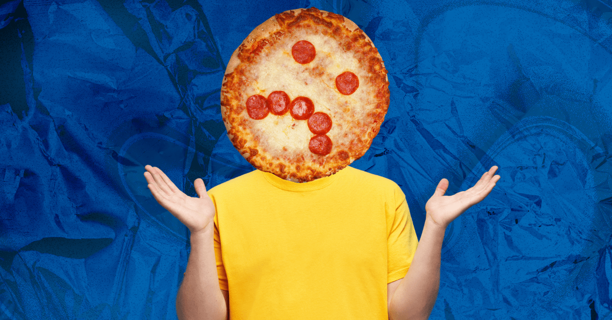 A shrugging person’s torso with a whole pizza as its head. The pizza’s pepperoni makes eyes and a frowning face.