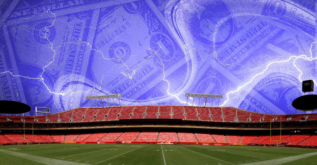 The empty interior of GEHA Field at Arrowhead Stadium below a sky filled with lightning and dollar bills.