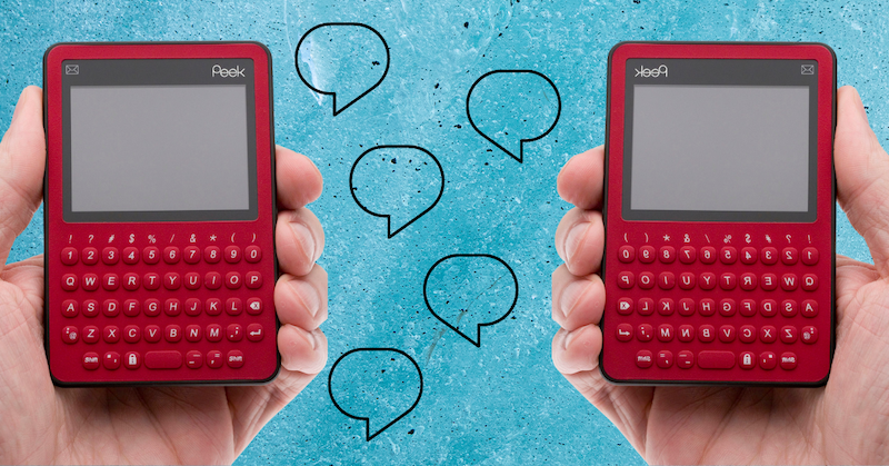 A hand holding a red Twitter Peek device on a blue background.