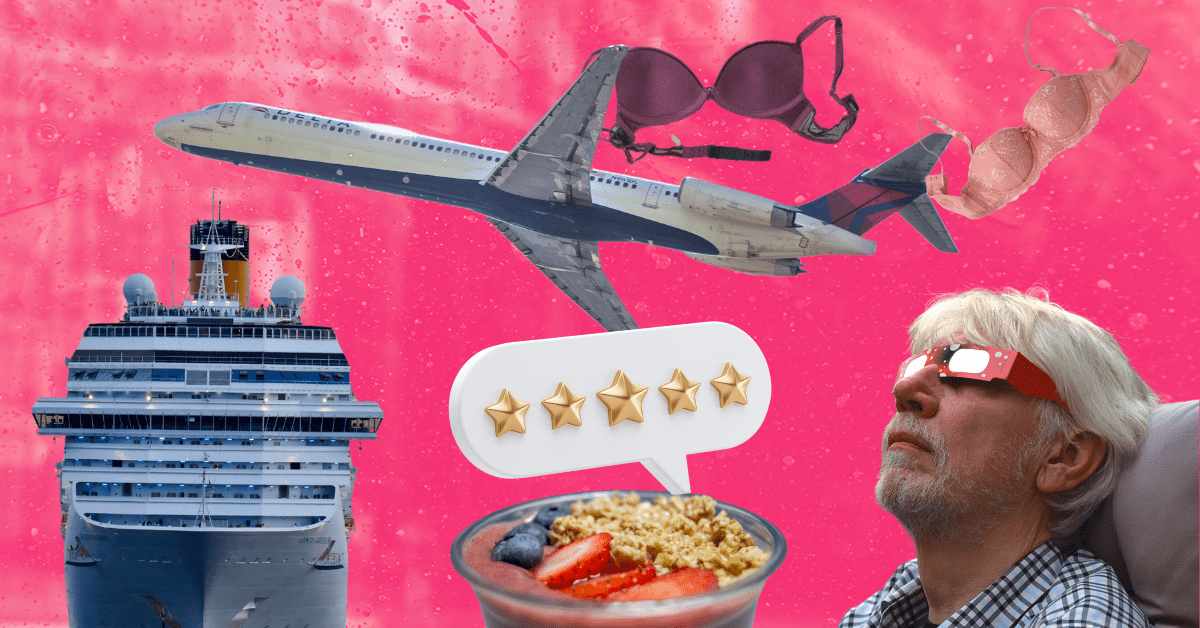 A collage showing a cruise ship, an acai bowl with a five-star review label, a white-haired man with eclipse glasses looking up, and an airplane trailing two bras.