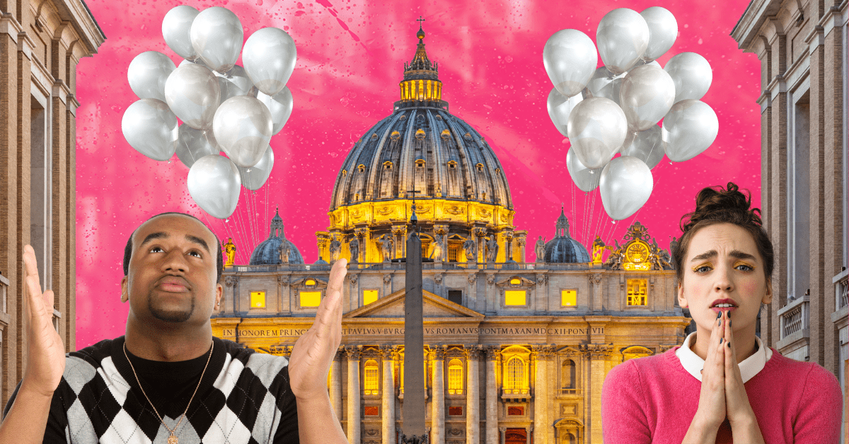 A collage shows two pleading people in front of the Vatican with two clusters of balloons floating above St. Peter’s Basilica.